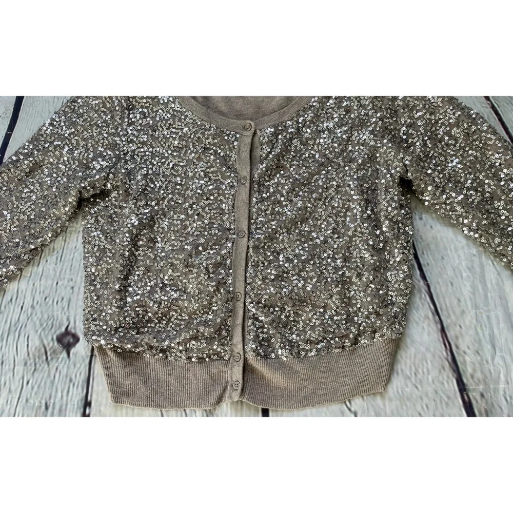 American Eagle Taupe Silver Sequin Cardigan Sweater